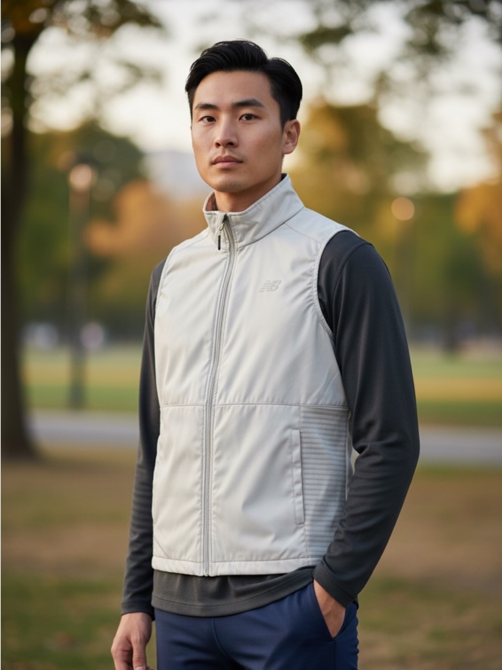 New Balance Men's Beige Sleeveless Full Zip Lightweight Vest Jacket L